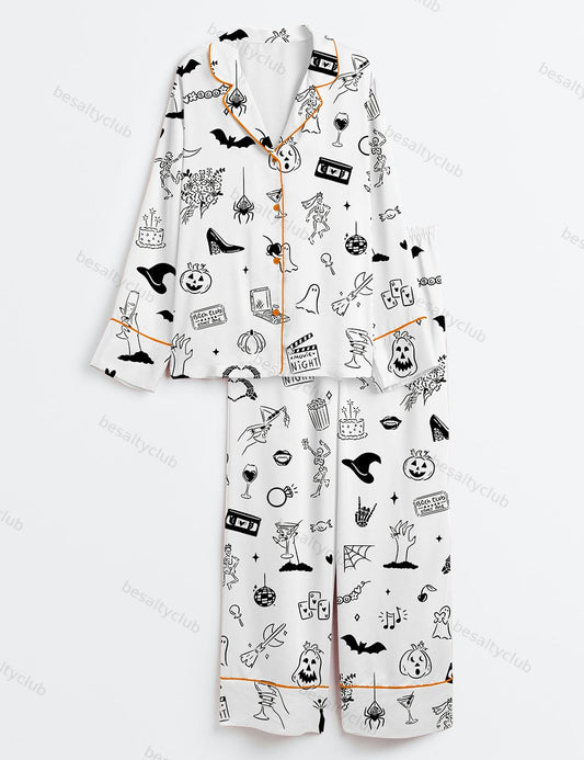 Hand Drawn Halloween Bachelorette Whimsical Doodles Spooky Clipart for Halloween Movie Night & Witchy Bachelorette Party Invite Long Sleeve Satin Pajama Set