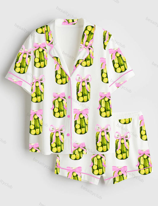 Coquette Pickle Lovers Fancy Girl Who Loves Pickles Print Short Sleeve Satin Pajama Set