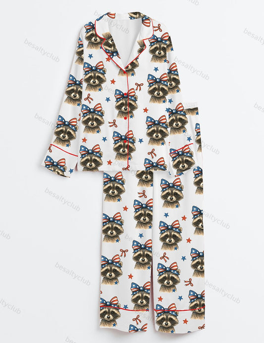 4th Of July America Funny Cute Baby Highland Cow Print Long Sleeve Satin Pajama Set