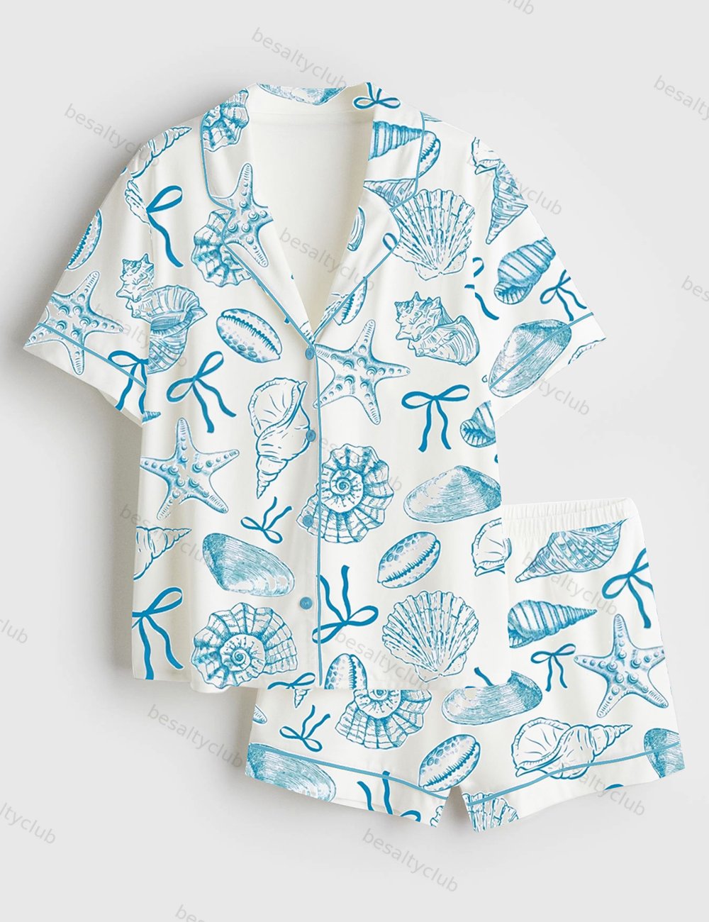 Summer Coquette Bow Sea Girly Ocean Seashells Beach Print Short Sleeve Satin Pajama Set
