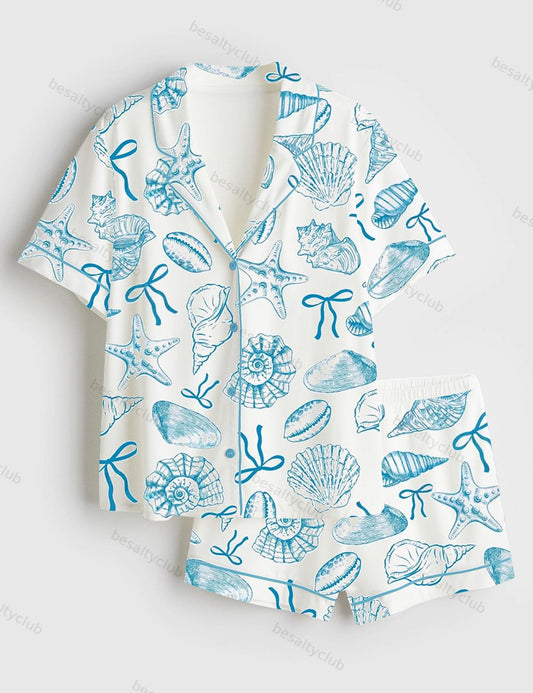 Summer Coquette Bow Sea Girly Ocean Seashells Beach Print Short Sleeve Satin Pajama Set