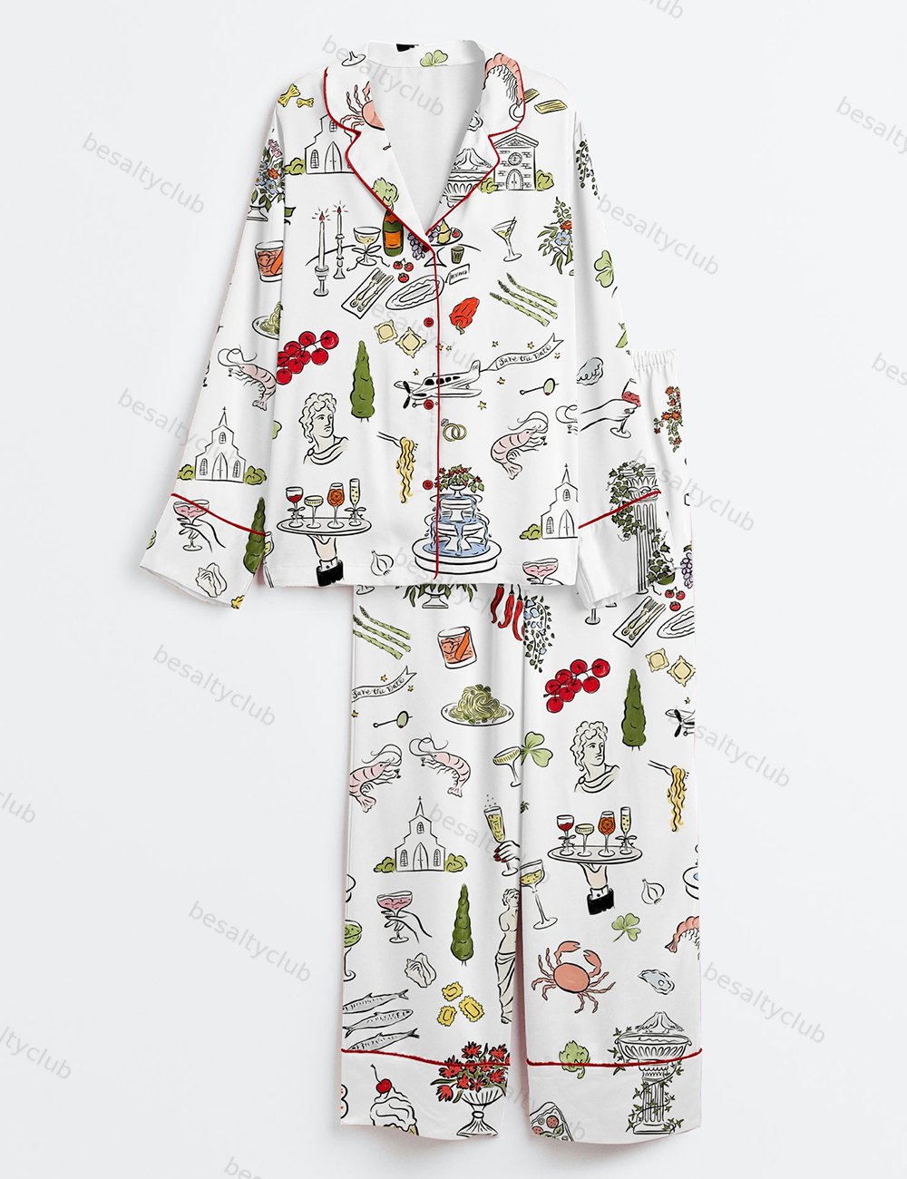Whimsical Hand Drawn Tuscany Dolce Vita Wedding Print Long Sleeve Satin Pajama Set