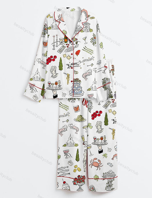 Whimsical Hand Drawn Tuscany Dolce Vita Wedding Print Long Sleeve Satin Pajama Set