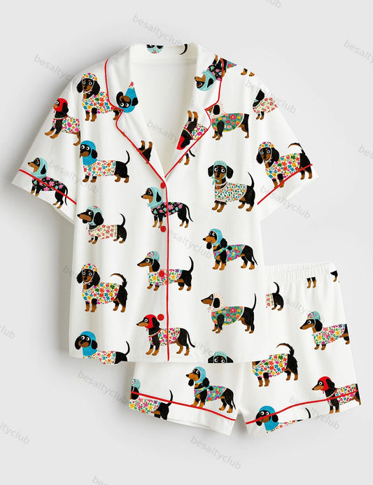 Women's Dachshund Weiner Dog Short Sleeve Satin Pajama Set