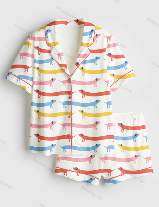Cute Weenie Dachshund Short Sleeve Satin Pajama Set