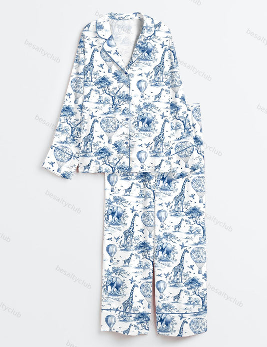 Giraffe Elephant Long Sleeve Satin Pajama Set