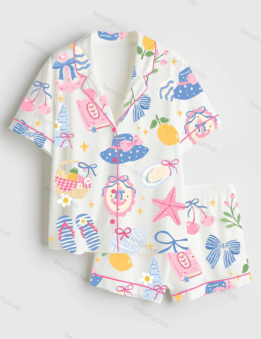 Coastal Preppy Girl Summer Beach Coquette Girly Summer Beach Ocean Print Short Sleeve Satin Pajama Set