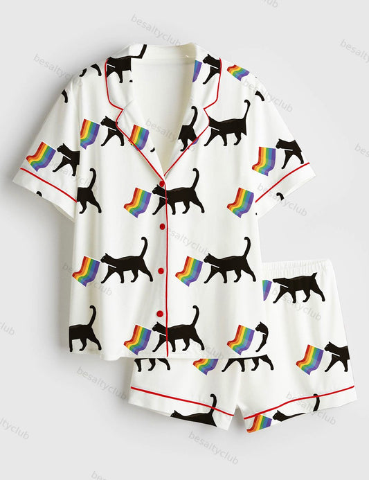 A Little Gay Cat Friend Pride Month LGBT Pride Print Short Sleeve Satin Pajama Set