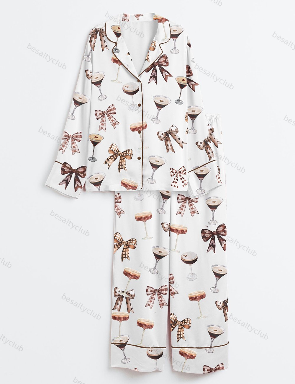 Espresso Martini Cocktail Coquette Tini Time Coffee Lover Long Sleeve Satin Pajama Set