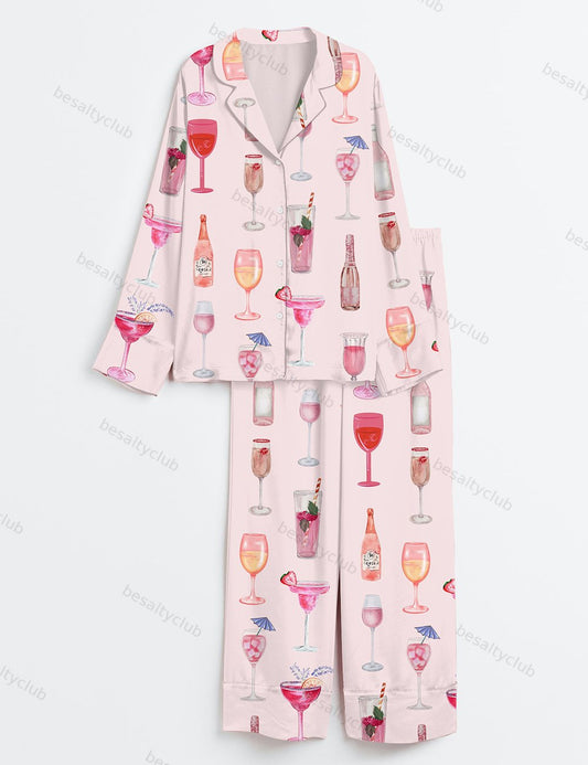Retro Watercolor Champagne Cocktail Wine Bottle Pink Long Sleeve Satin Pajama Set