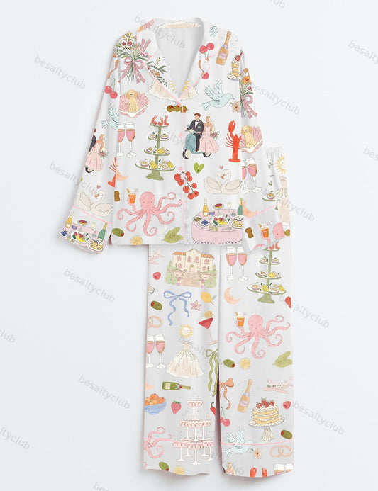 Whimsical Hand Drawn Watercolor Wedding Dolce Vita Summer Print Long Sleeve Satin Pajama Set