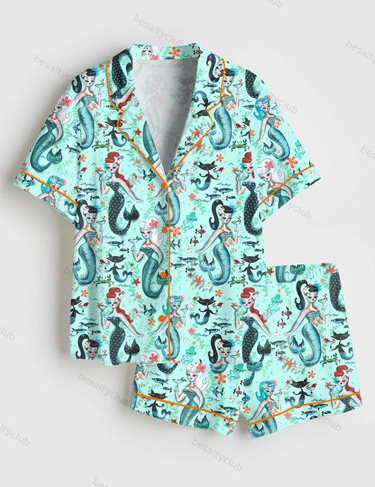 Aqua Retro Mermaids Teal Pinup Girls Martini Mermaids Short Sleeve Satin Pajama Set