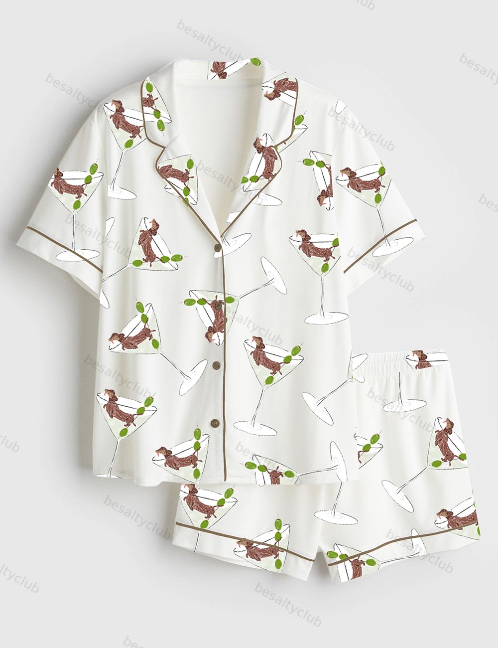 Weenie Tini Weiner Dog Dirty Martini Short Sleeve Satin Pajama Set