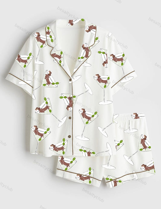 Weenie Tini Weiner Dog Dirty Martini Short Sleeve Satin Pajama Set