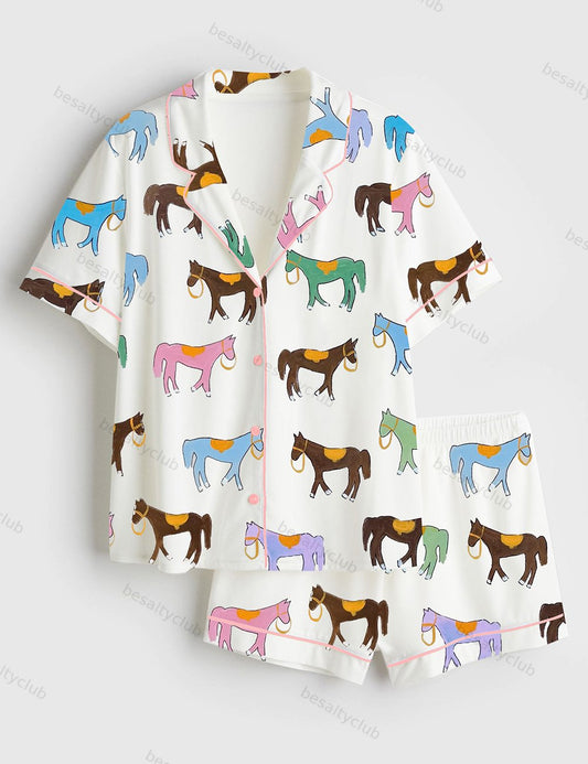 Horse Print Short Sleeve Satin Pajama Set