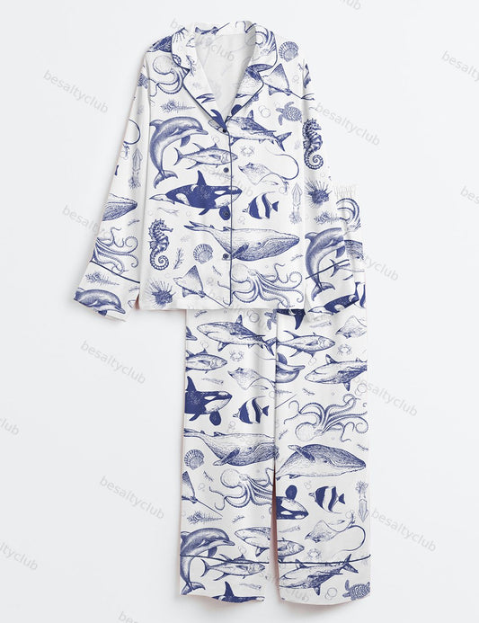 Ocean Nature Vintage 90s Tattoo Sea Animal Print Long Sleeve Satin Pajama Set