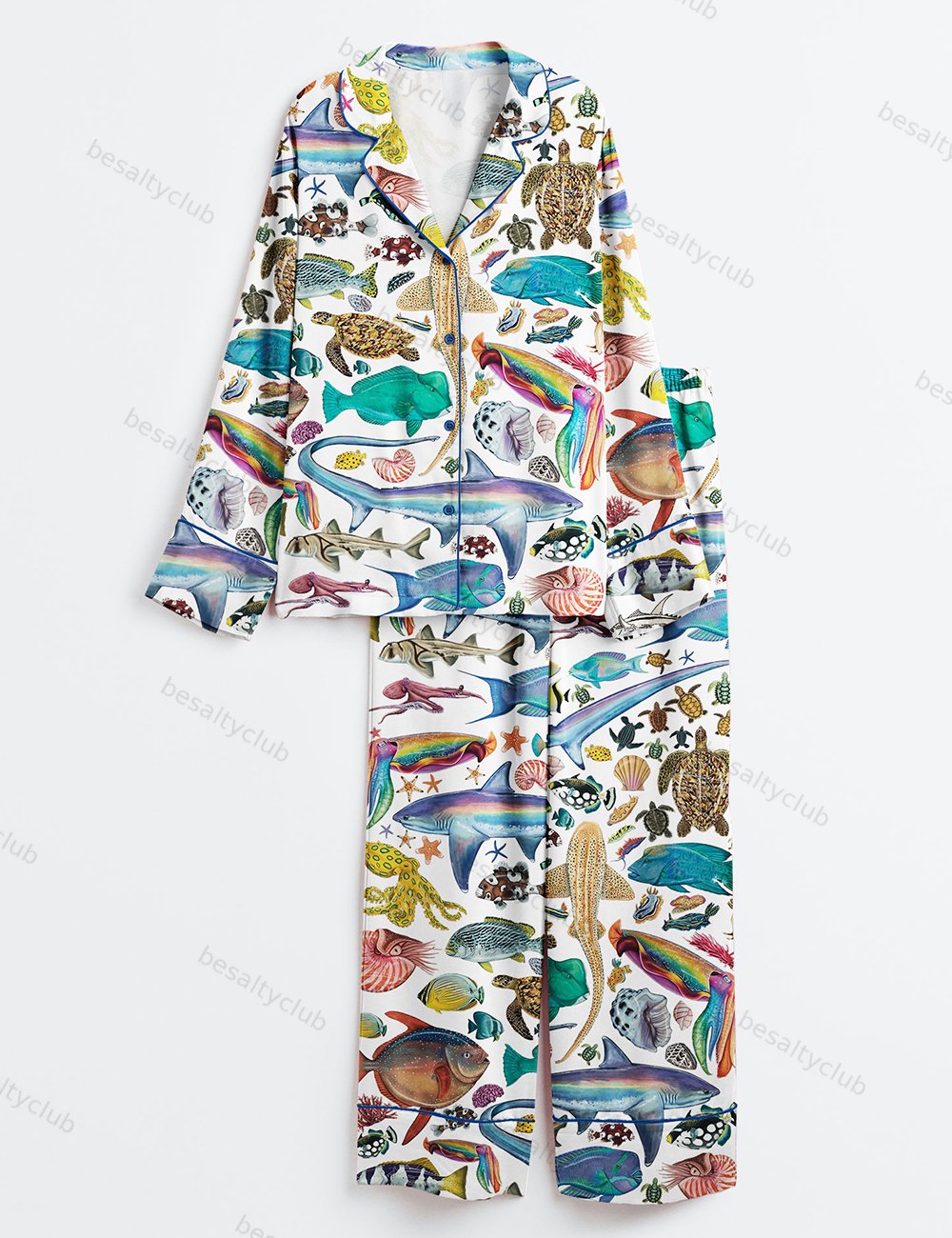 Colourful Creatures Print Ocean Beach Long Sleeve Satin Pajama Set