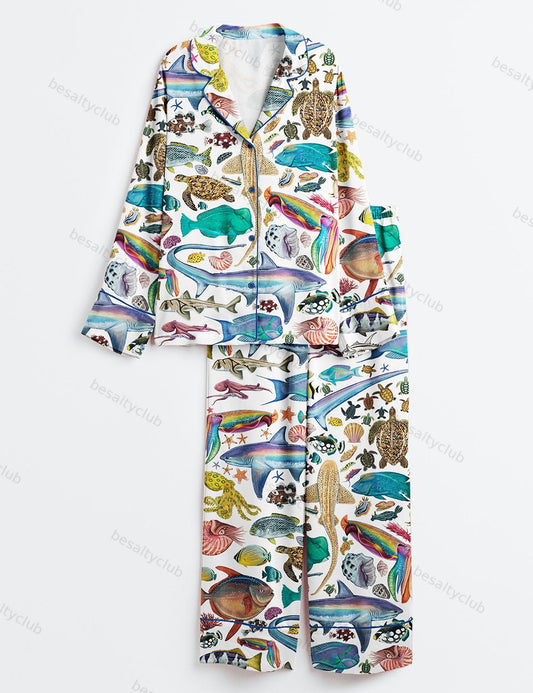 Colourful Creatures Print Ocean Beach Long Sleeve Satin Pajama Set