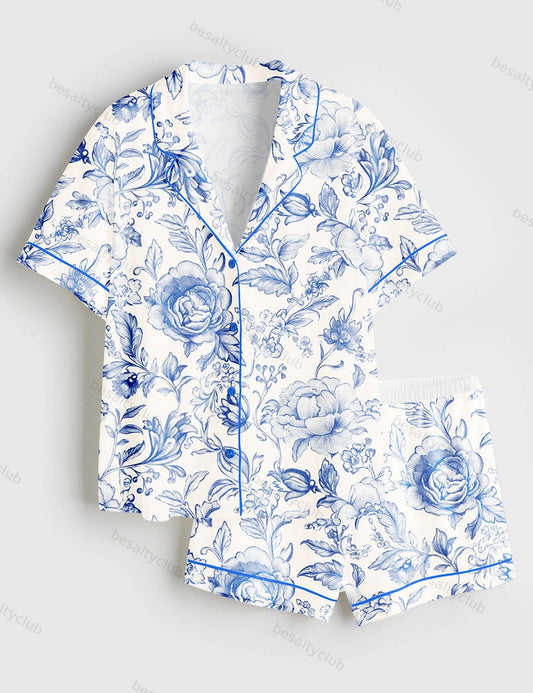 Light Blue and White Floral Pattern Short Sleeve Satin Pajama Set