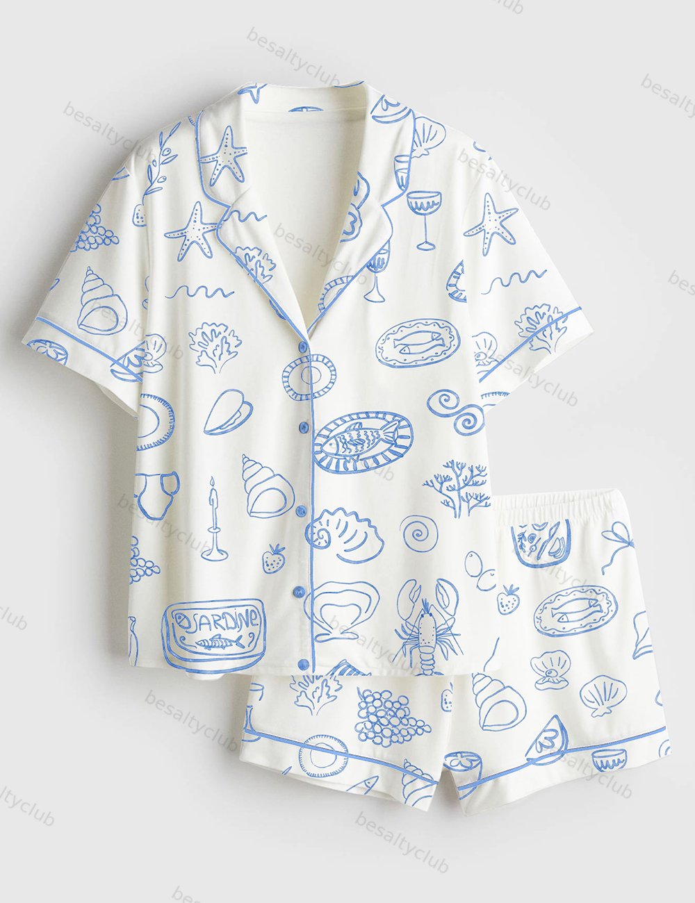 Coastal Blue Italian Summer Icons Dolce Vita Hand Drawn Whimsical  Wedding Art Print Short Sleeve Satin Pajama Set