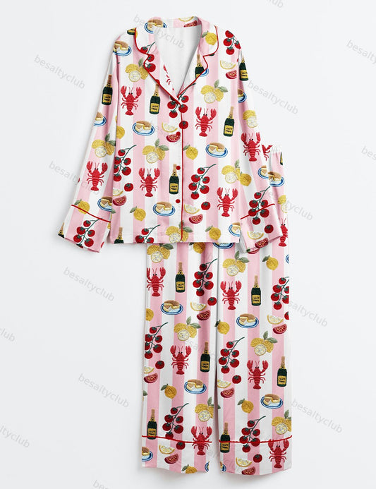 Lobster Champagne Lemon Cake Tomatoes And Pomegranates Summer Vibes Girls Trip Bachelorette Long Sleeve Satin Pajama Set