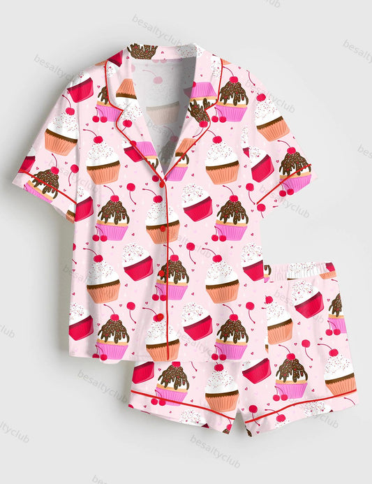 Pink Cupcake Short Sleeve Satin Pajama Set