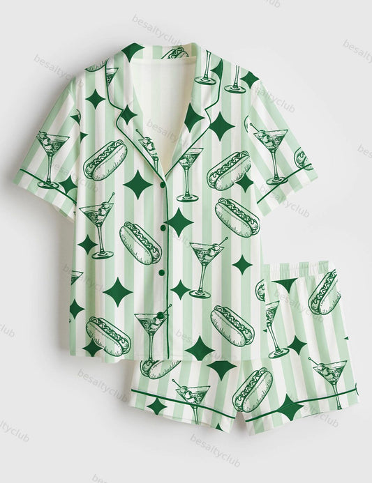 Green Stripe Tinis And Weenies Dirty Martini Party Print Short Sleeve Satin Pajama Set