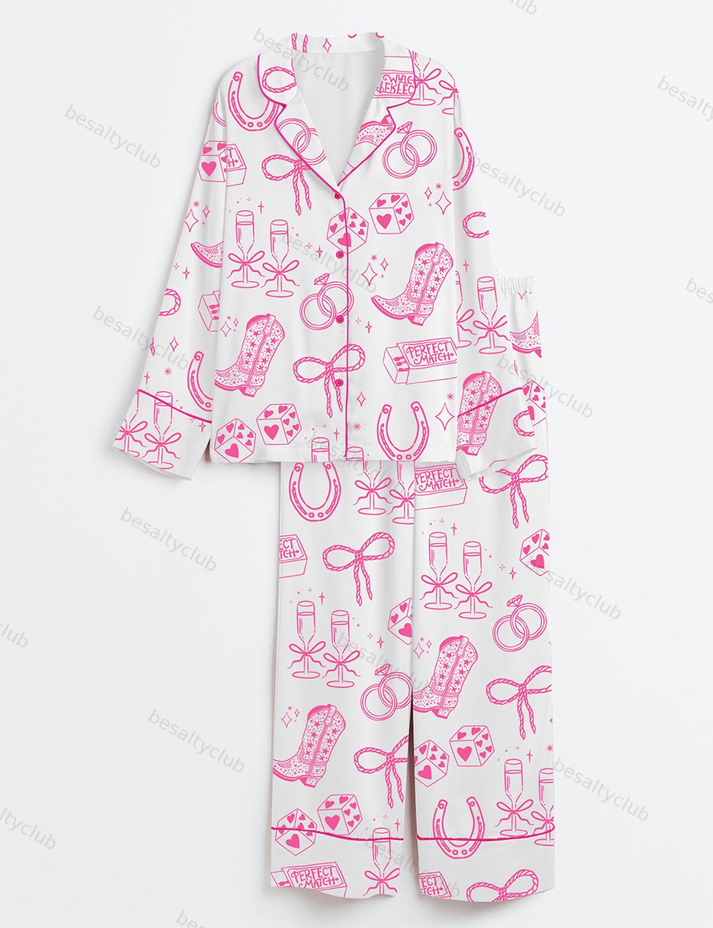 Going To The Chapel Cowgirl Bride Coquette Bridal Bow Floral Wedding Long Sleeve Satin Pajama Set