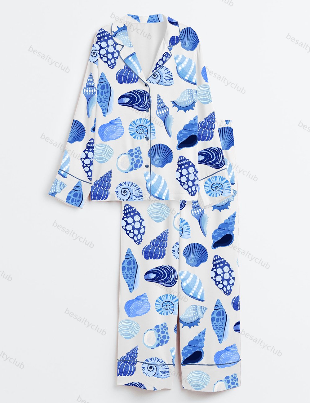 Summer Trip Blue Shells Coastal Summer Beach Coastal Aesthetic Bachelorette Colorful Shells Long Sleeve Satin Pajama Set