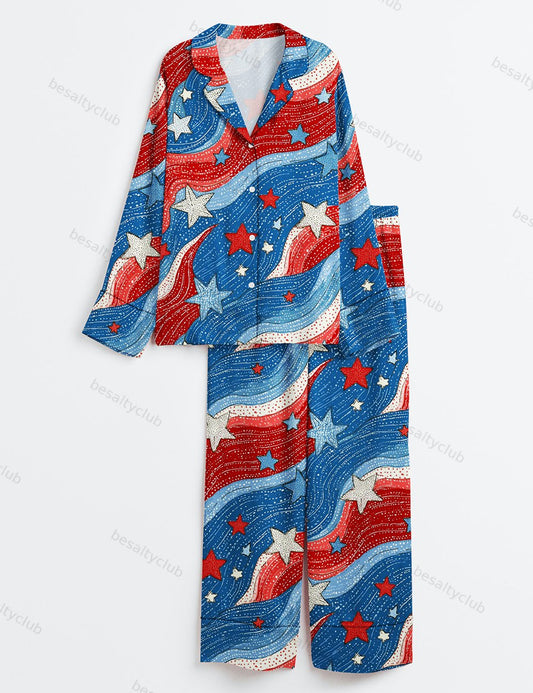 Stars And Stripes Independence Day The 4th Of July Red White Blue Long Sleeve Satin Pajama Set