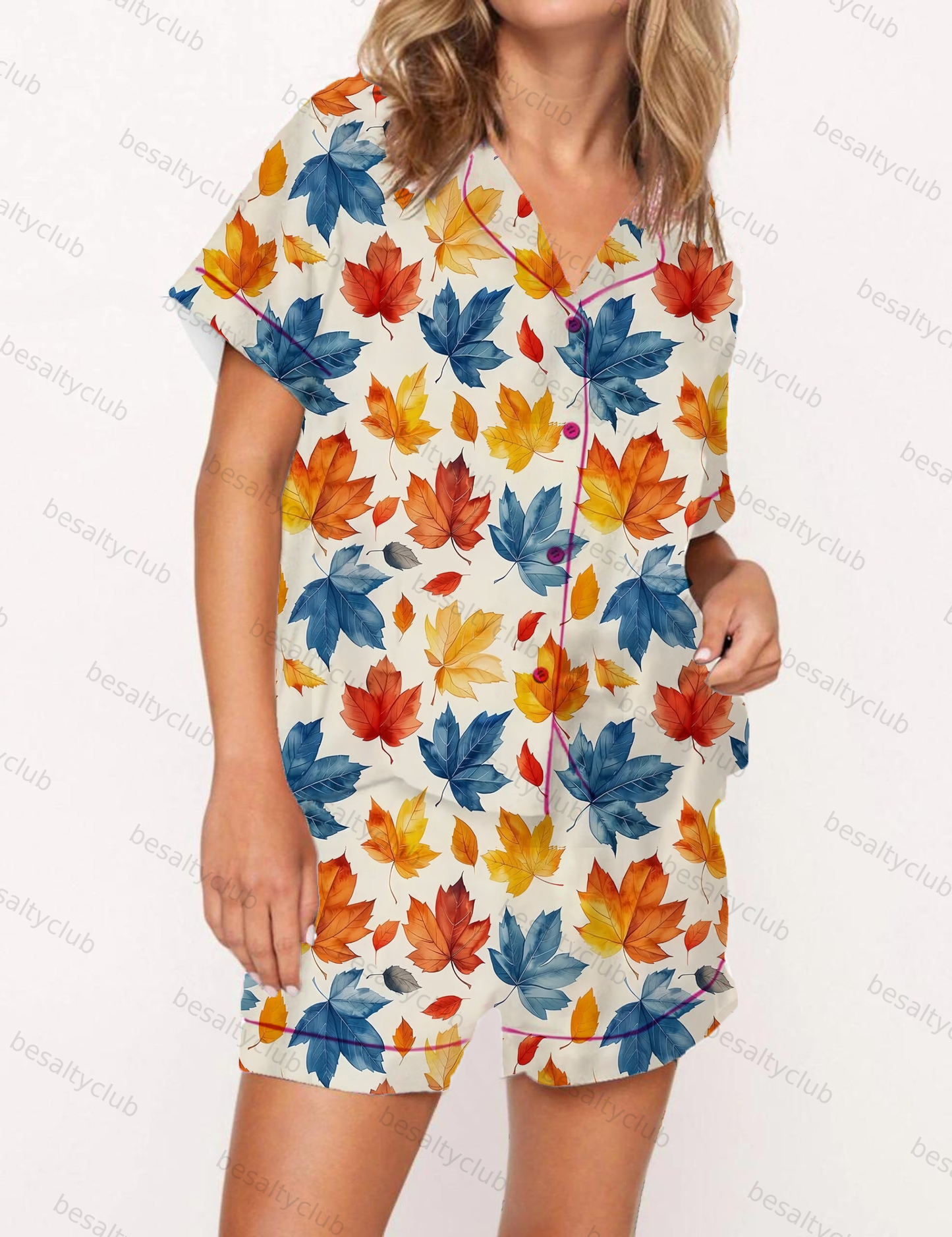 Colorful Leaves Print Satin Pajama Short Set