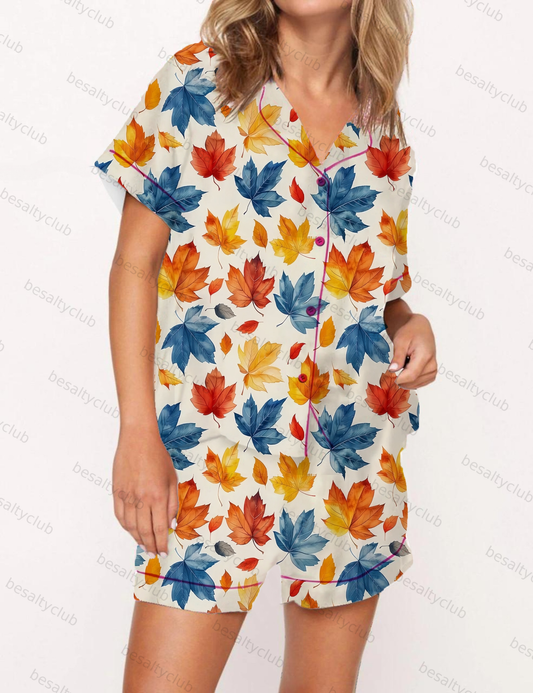 Colorful Leaves Print Satin Pajama Short Set