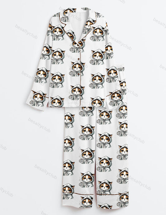 Nope Not Today Cute Cat Funny Cats Lover Print Long Sleeve Satin Pajama Set