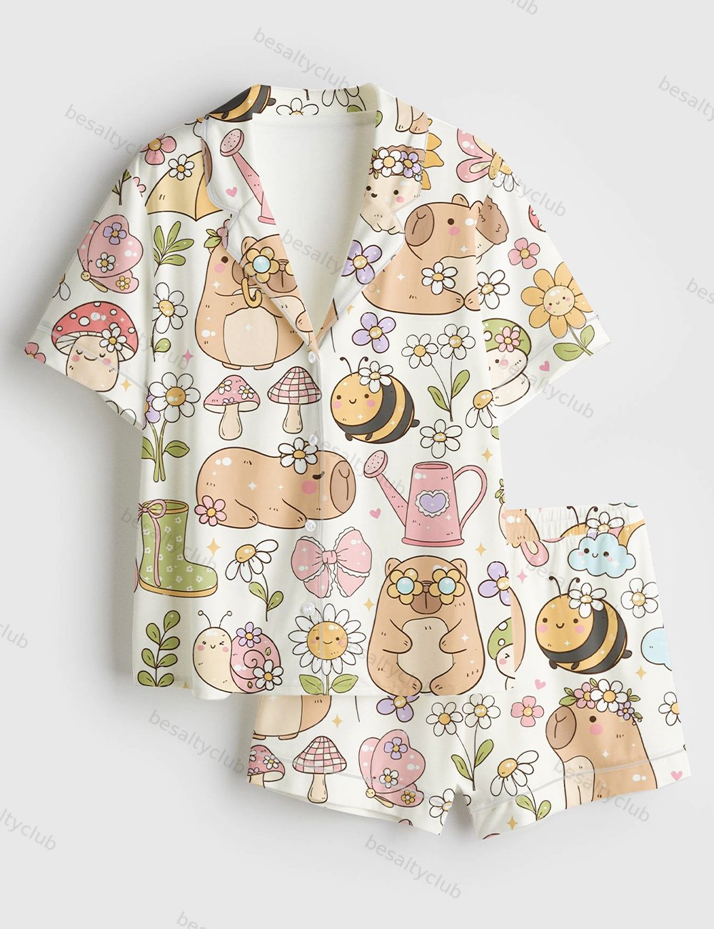 Garden Flower Hippie Capybara Groovy Capybara Nature Short Sleeve Satin Pajama Set