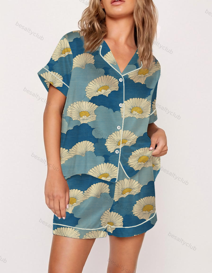 White Japanese Daisy Satin Pajama Set