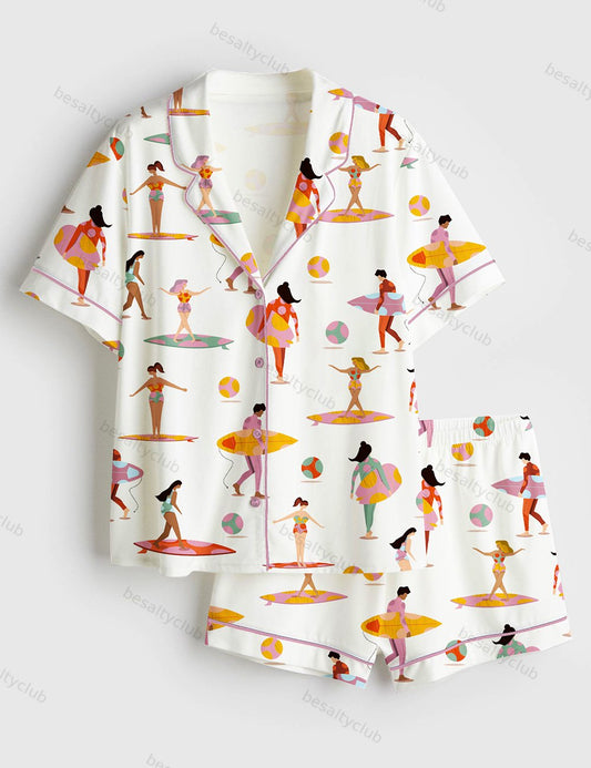 Surf Beach Hawaii Vacation Short Sleeve Satin Pajama Set