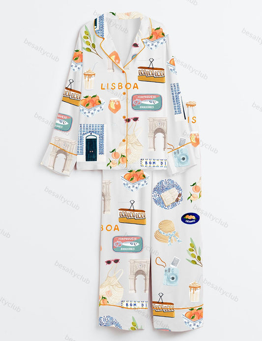 Lisbon Travel Long Sleeve Satin Pajama Set