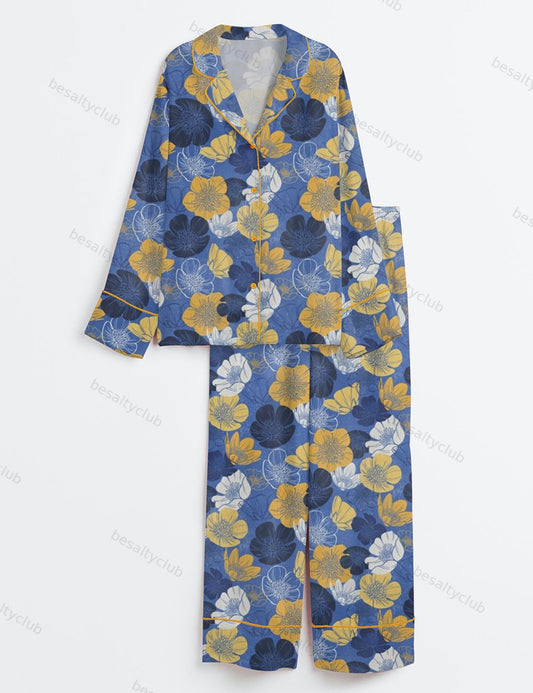 Buttercup Blues Bright Flowers Long Sleeve Satin Pajama Set