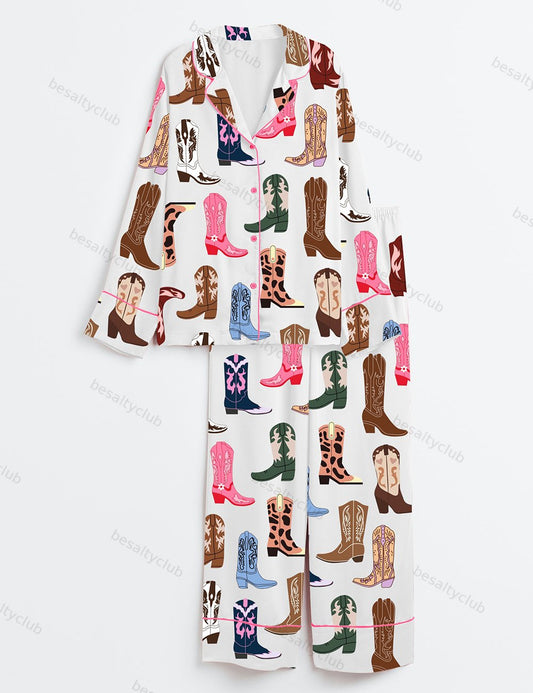 Watercolor Cowboy Boot Western Cowgirl Print Long Sleeve Satin Pajama Set