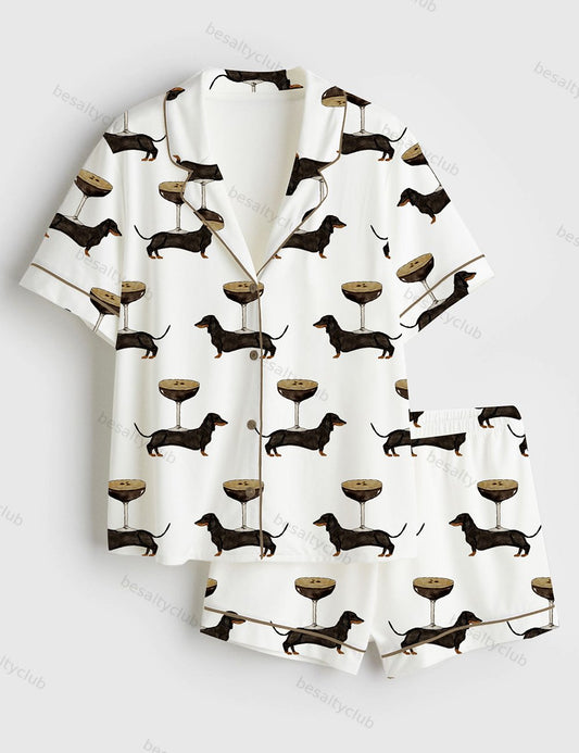 Weenies And Espresso Martinis Bachelorette Daschund Weiner Dog Weekend Hen Party Short Sleeve Satin Pajama Set