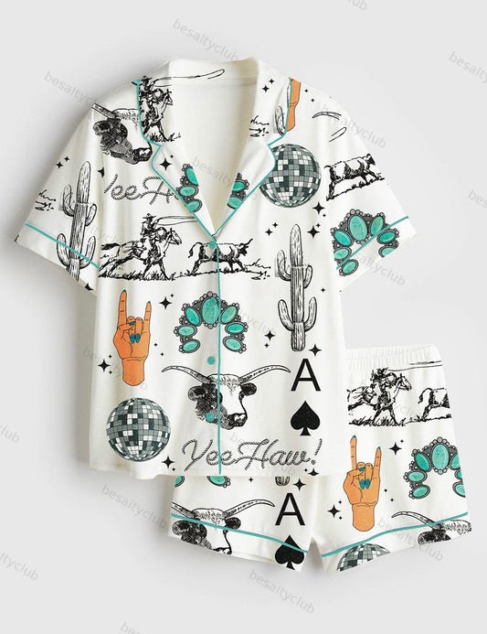 Western Things Sublimation Cowgirl Spade Rodeo Western Print Short Sleeve Satin Pajama Set