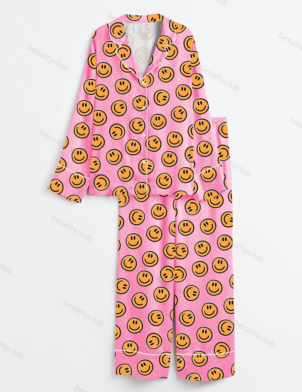 Pink Smiley Face Long Sleeve Satin Pajama Set