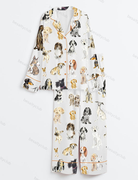 Dog Lovers Print Long Sleeve Satin Pajama Set