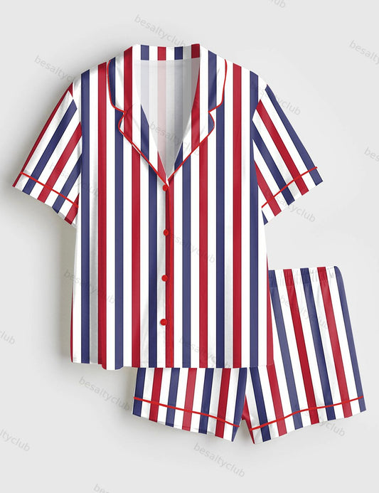 America Flag Red White And Blue Stripe 4th Of July Short Sleeve Satin Pajama Set