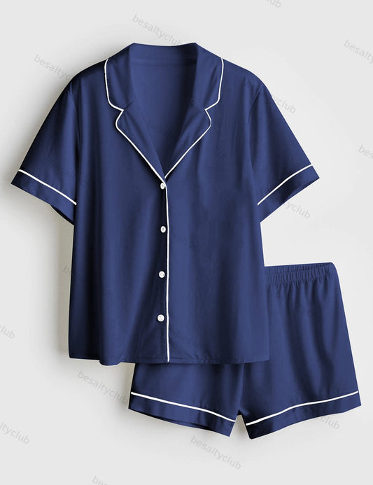 Classic Solid Color Short Sleeve Satin Pajama Set