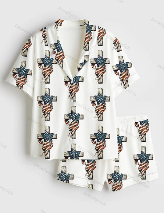 One Nation Under God Patriotic 4th Of July Christian American Flag Cross Short Sleeve Satin Pajama Set