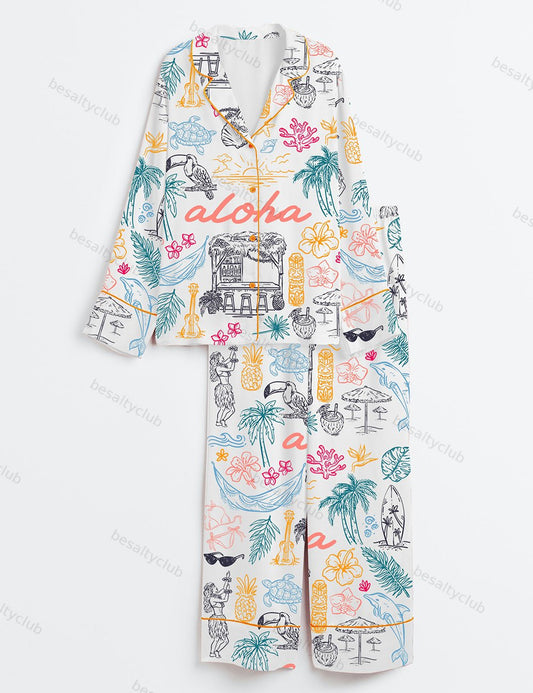 Aloha Tropical Exotic Hawaian Whimsical Style Seaside Ocean Aloha State Of Mind Long Sleeve Satin Pajama Set