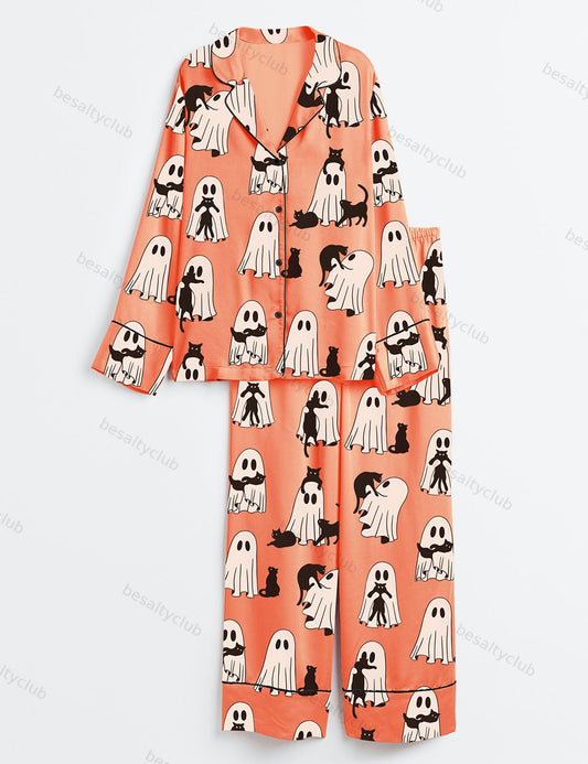 Ghost Cat Retro Ghost Halloween Spooky Season Long Sleeve Satin Pajama Set