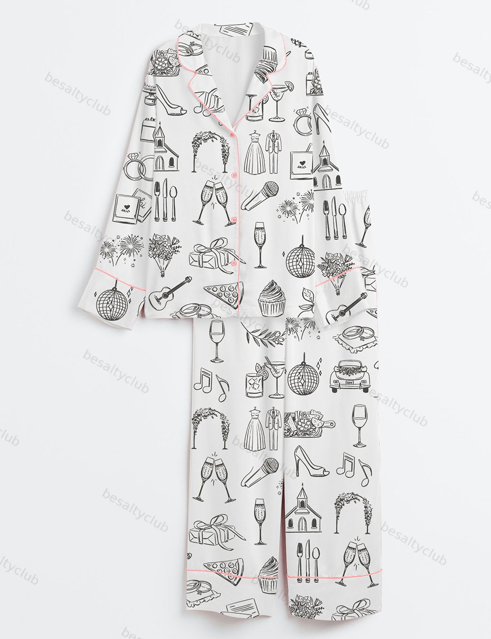 Hand Drawn Wedding Timeline Line Art Print Long Sleeve Satin Pajama Set