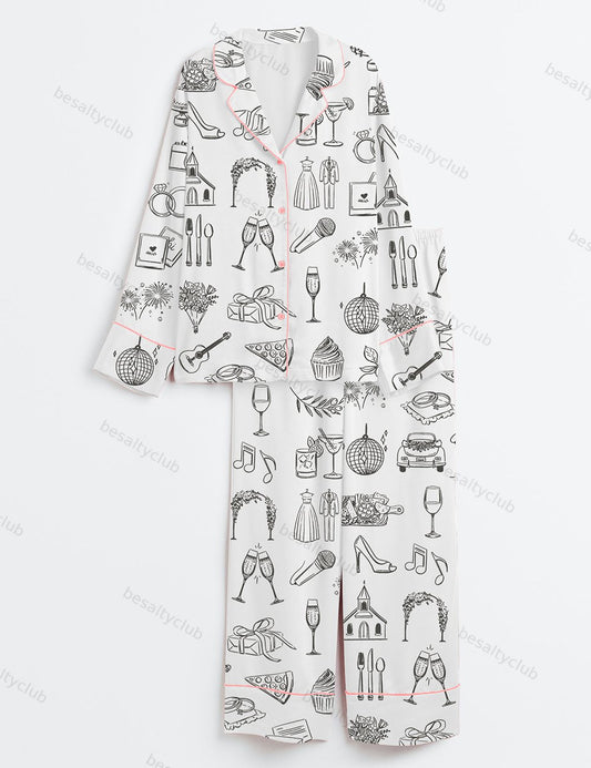 Hand Drawn Wedding Timeline Line Art Print Long Sleeve Satin Pajama Set